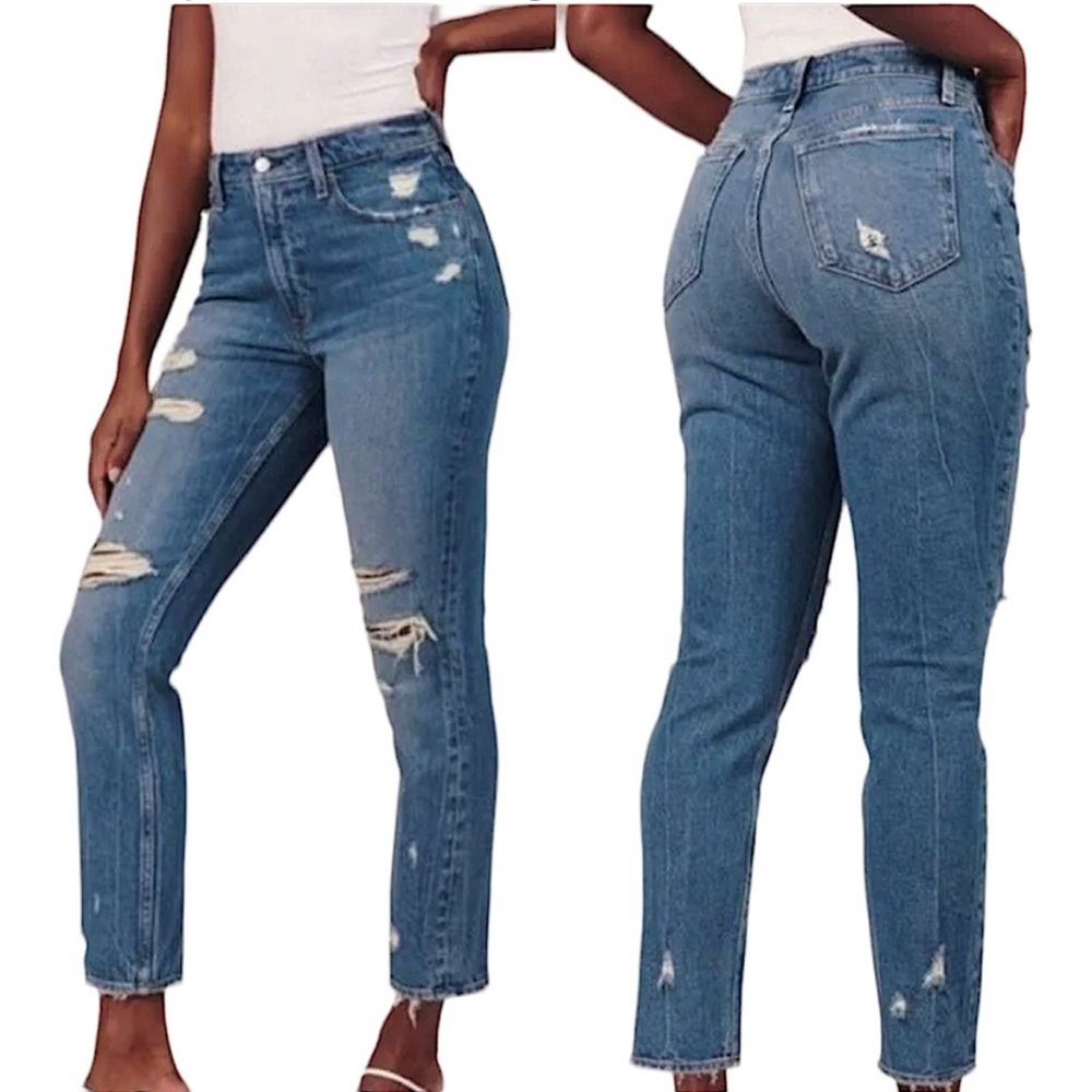 Abercrombie & Fitch Curve Love High Rise Distressed Straight‎ Leg Mom Jean.